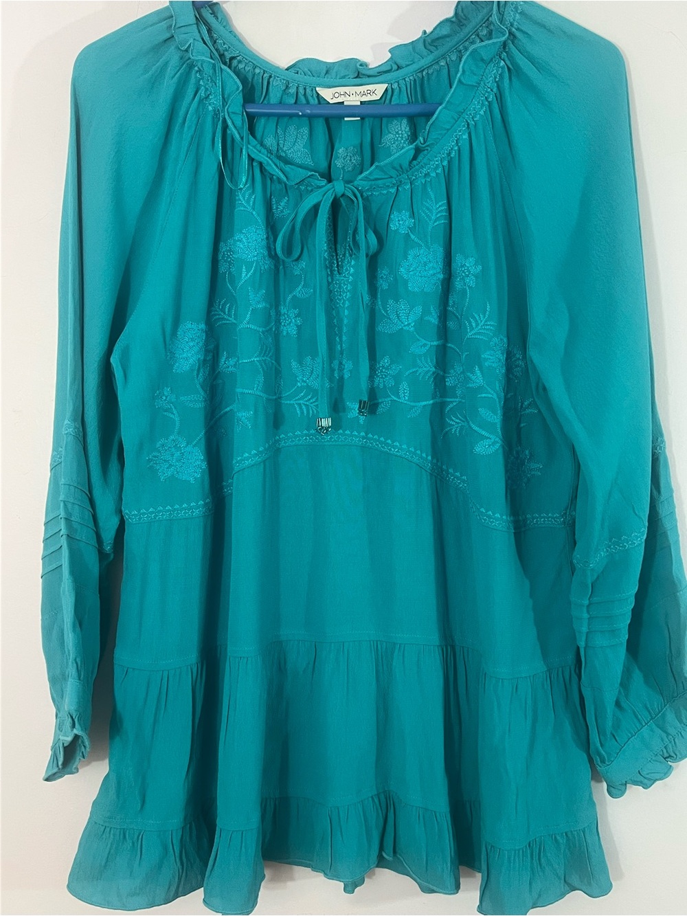 John Mark Teal Embroidered Boho Peasant Blouse Size Medium